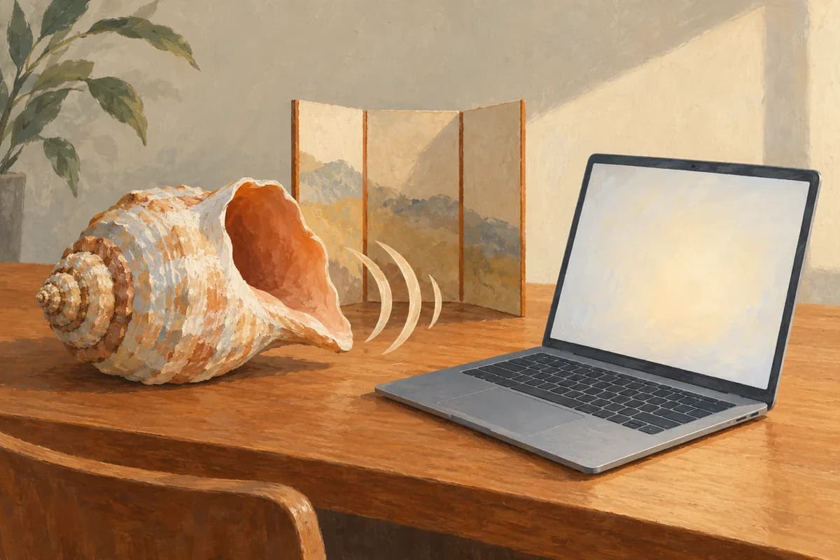A gouache painting of a large spiral seashell resting on a desk beside an open laptop, with soft curved sound lines drifting from the shell toward the screen and a small folding paper screen standing behind them.