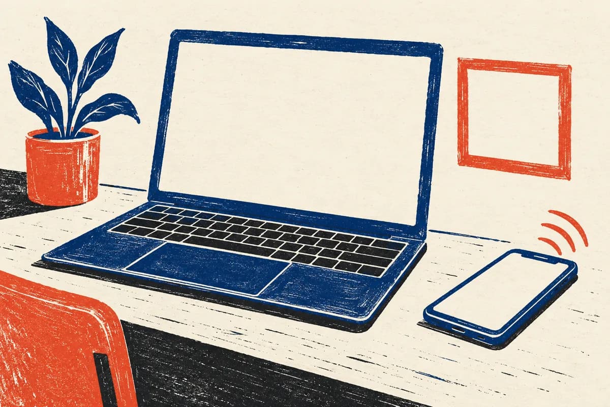 A linocut print of a laptop on a desk with a small framed window floating beside it and a phone lying face up nearby, all in deep blue and coral.