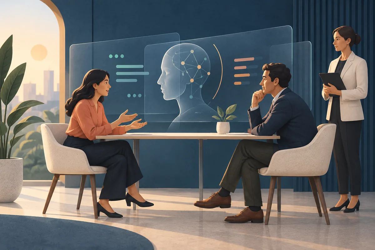 A human interview conversation passes through a transparent AI layer with clear disclosure and oversight controls.