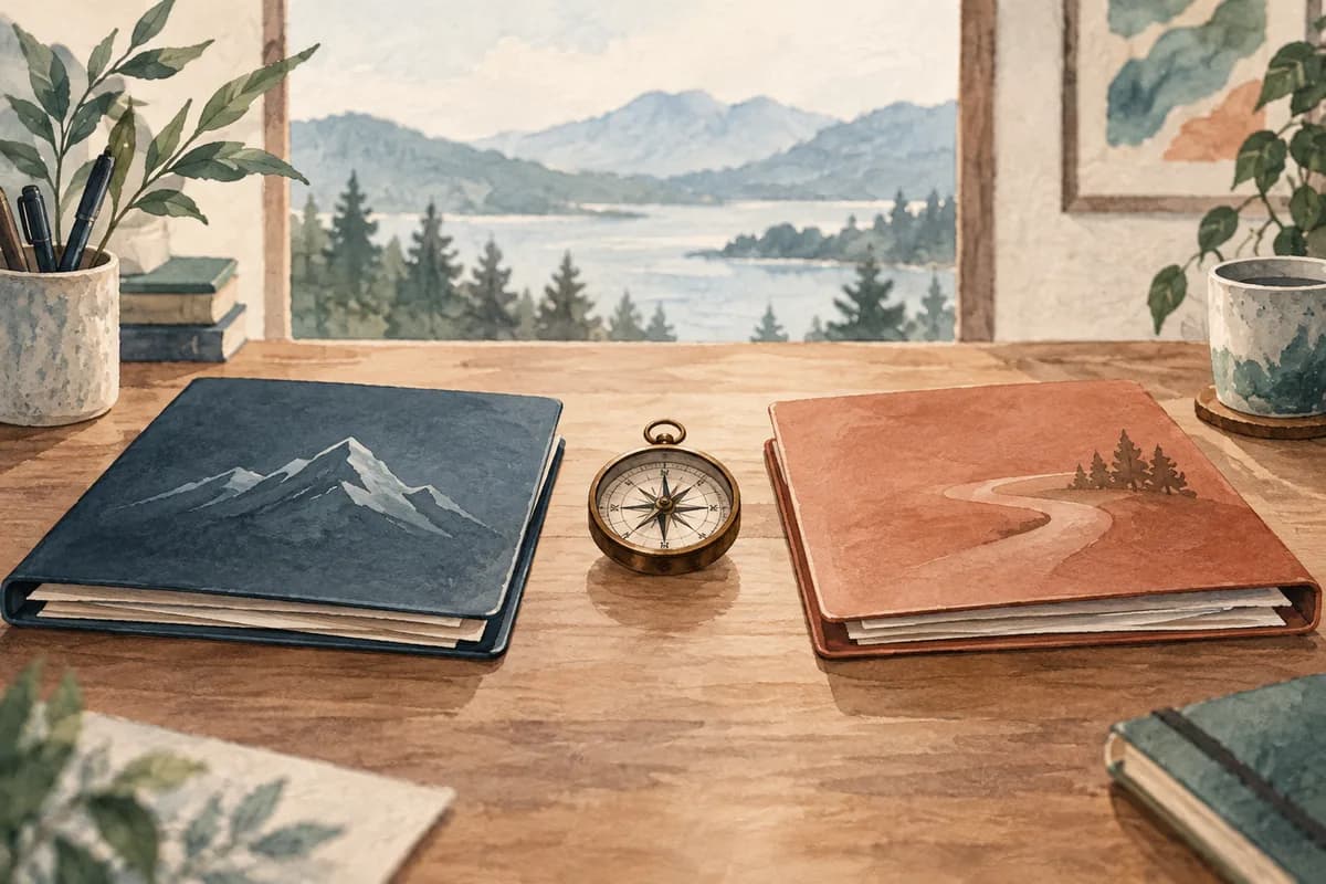 Two offer folders and a compass suggest comparing options and priorities.