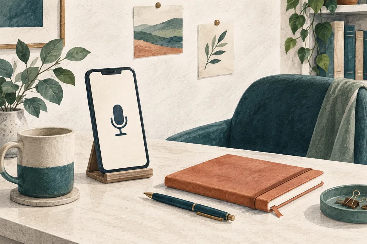 A phone on a stand and notebook suggest recording an interview practice answer.