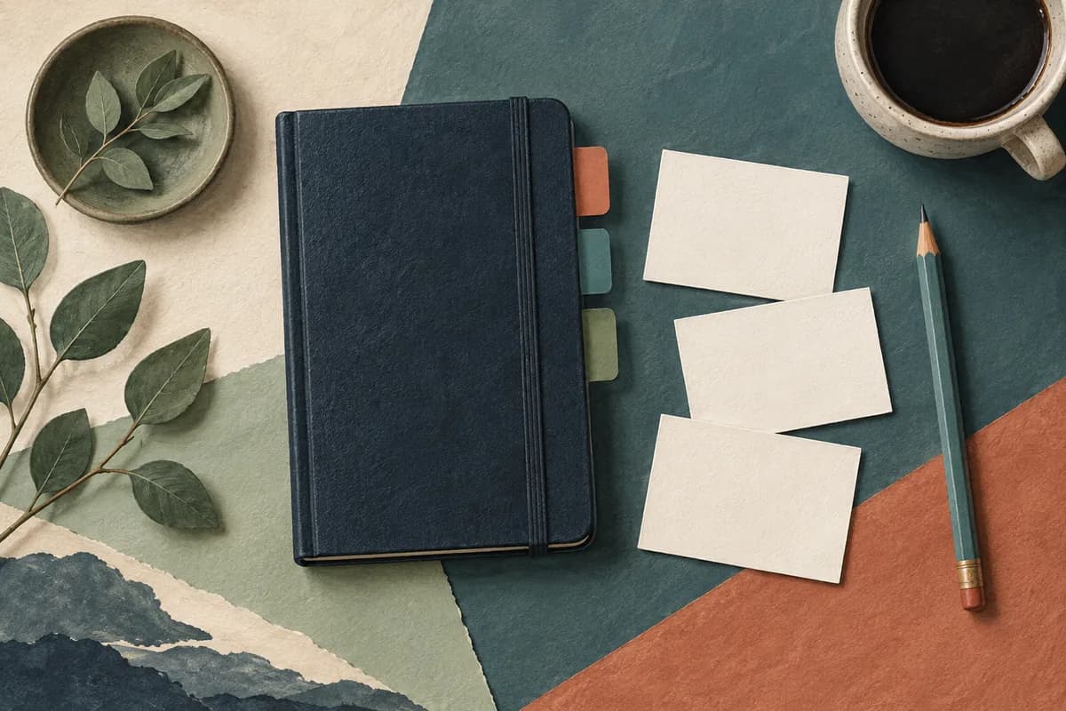 A tabbed notebook and question cards represent preparing for an informational interview.