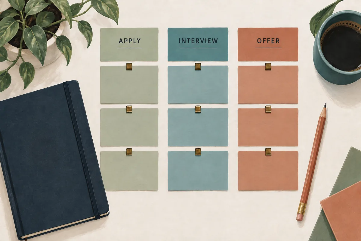 An organized board of application cards beside a notebook.