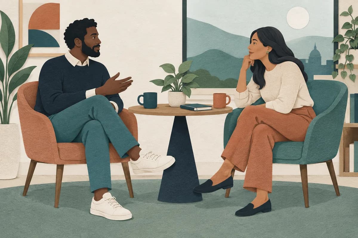 Two people converse in comfortable seated positions during an interview.