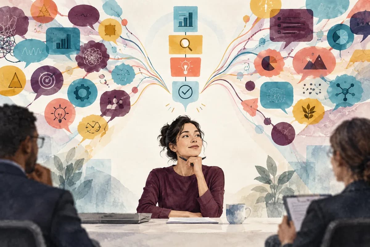 Question cards converge into a clear evidence-based interview answer framework.