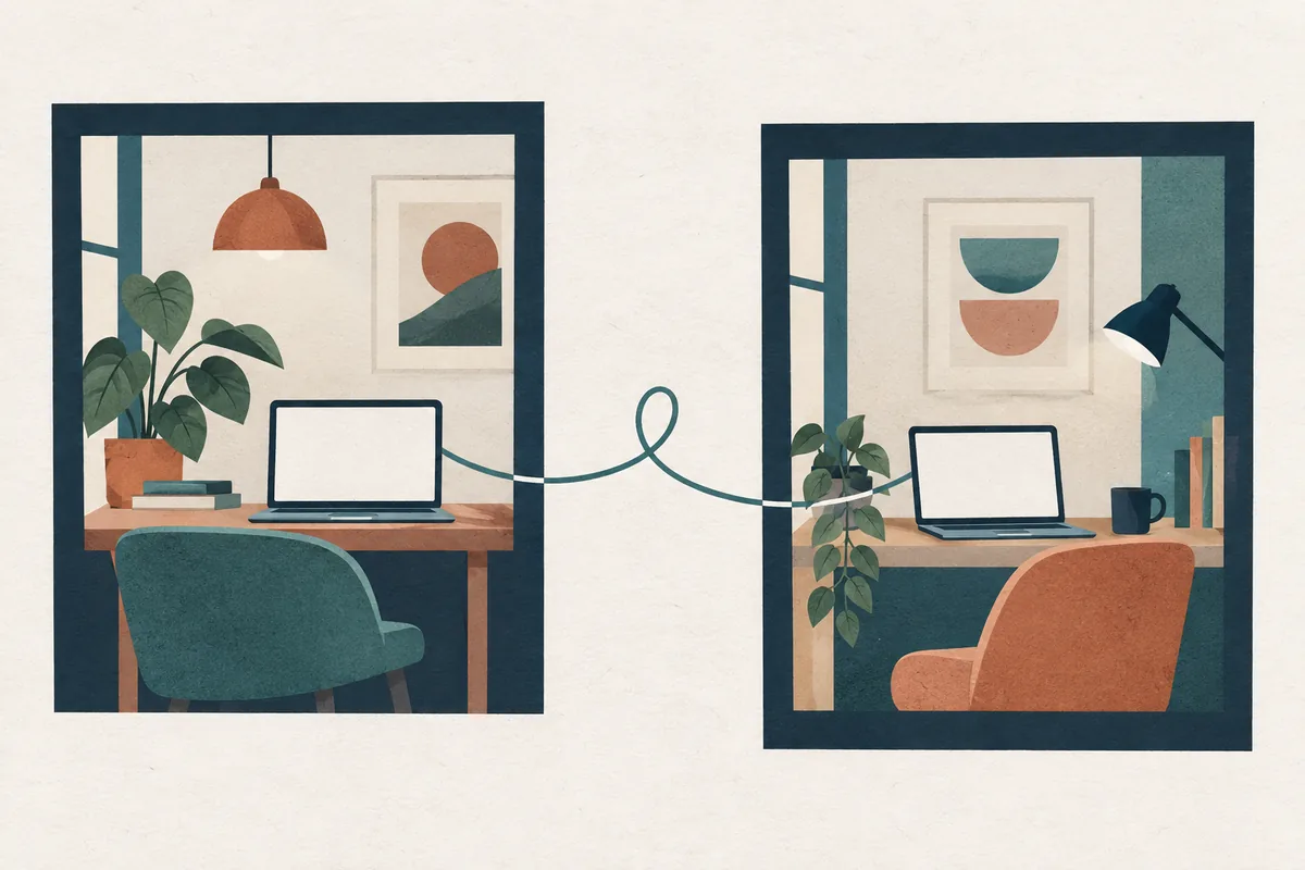 Two separate workspaces connected by a line represent remote collaboration.