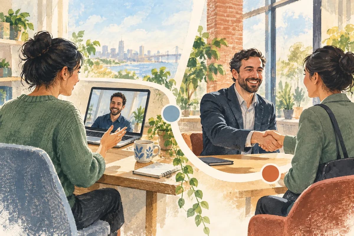 A hiring process moves cleanly between a remote video stage and an in-person conversation while preserving consistent evaluation.