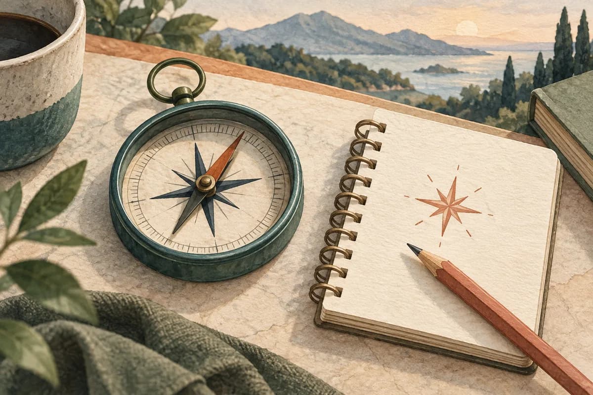 A compass and notebook symbolize finding a genuine source of work motivation.